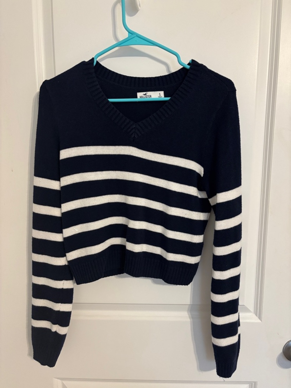 Hollister Navy and White Striped V-Neck Pullover
